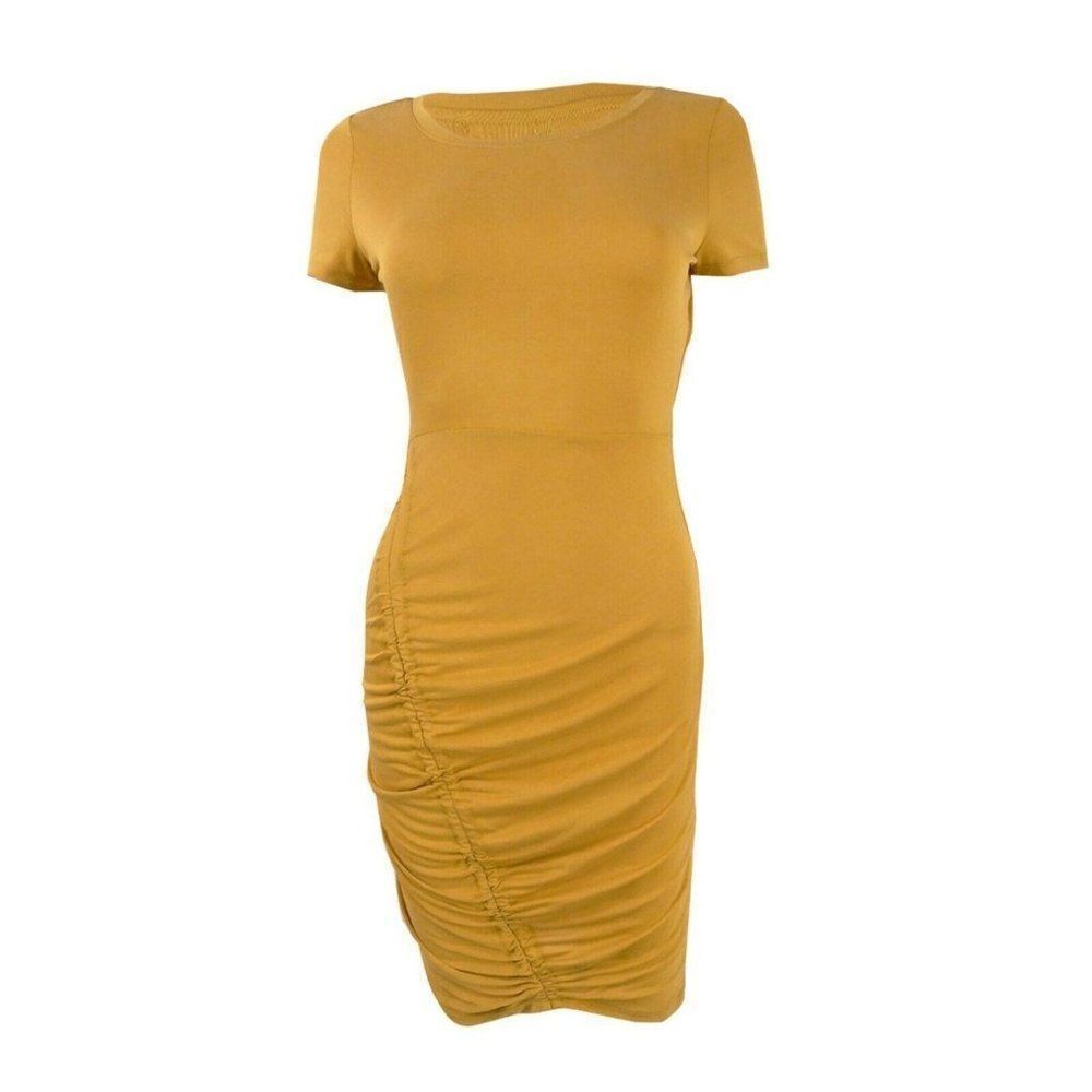 Ultra Flirt Womens Yellow Ruched Round Neck Pullover Casual Shirt Dress Sz Small
